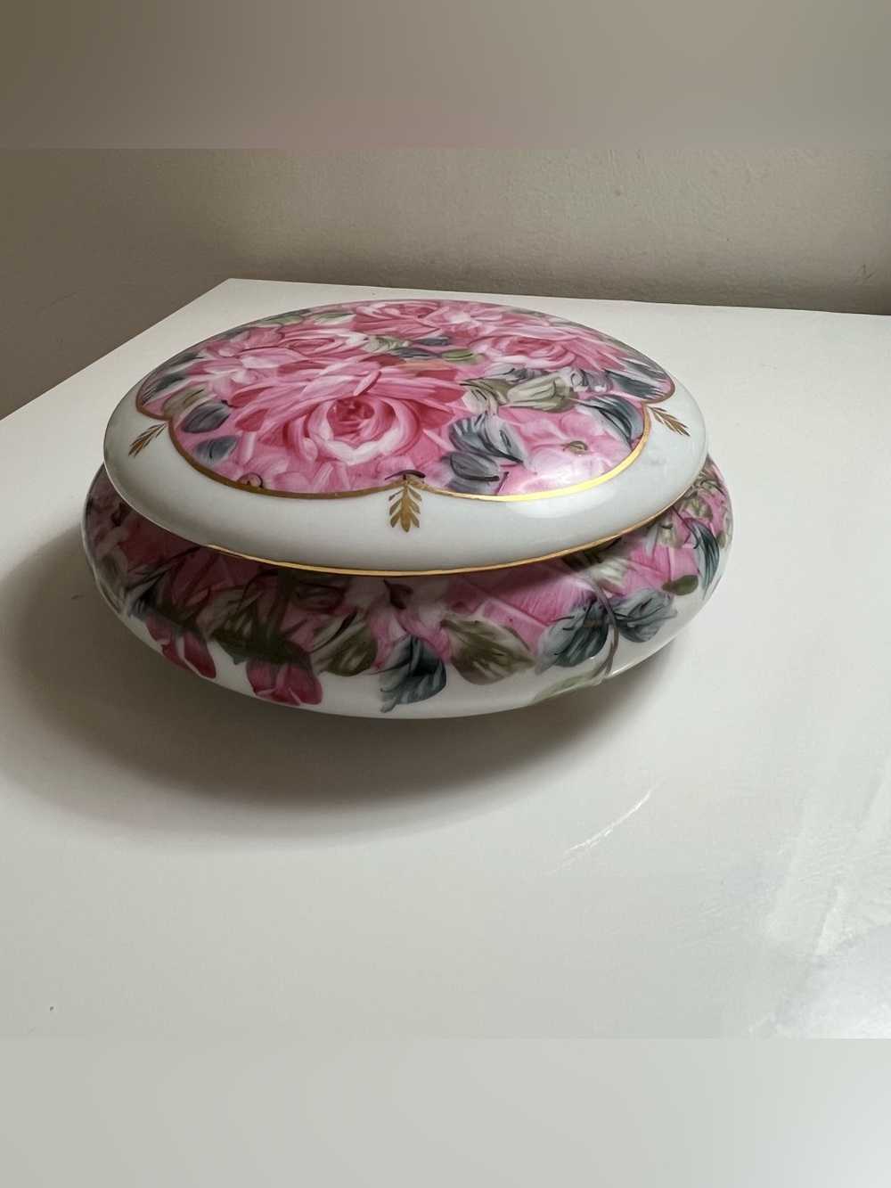 Formalities by Baum Bros Hand Painted Floral Porcelain Trinket Box Gold Trim
